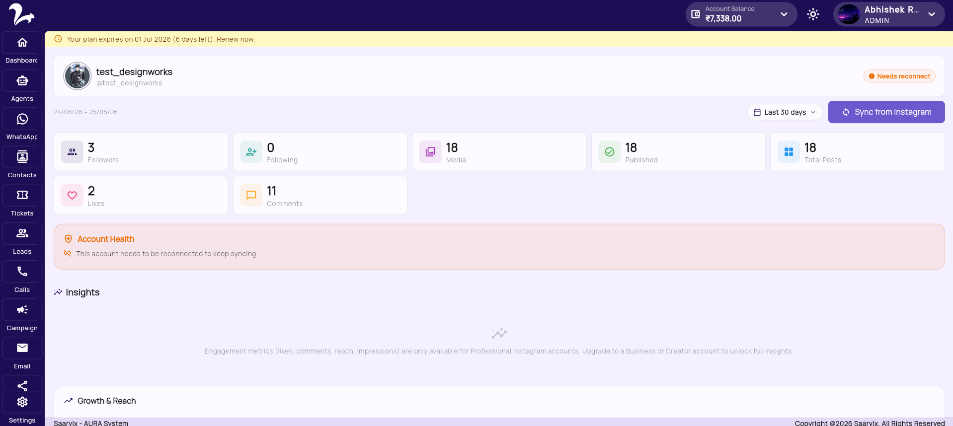 Social Hub (Instagram) dashboard preview